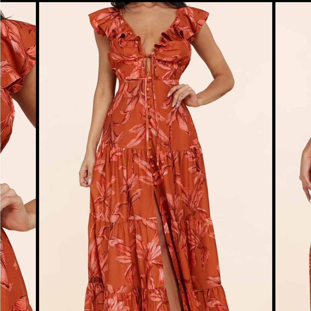 L'ATISTE Orange Ruffled Maxi Dress with Plunge Neckline